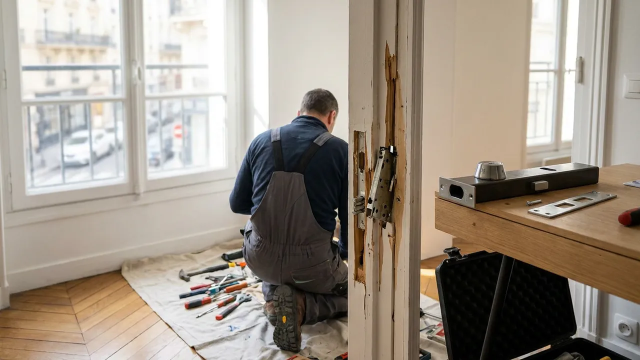 Porte d'appartement fracturée en cours de sécurisation après un cambriolage à Noisy-le-Grand